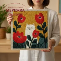 Фото Килимова вишивка Exclusive Art Кіт в маках, 30х30 см. (квадрат)
