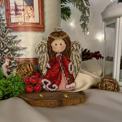 Фото Набір для вишивання хрестиком Сузір'я Єдинорога 2в1 Білий та Червоний янголи Різдва (основа прозора акрил +підставка) 1019 а