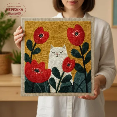 Фото Килимова вишивка Exclusive Art Кіт в маках, 30х30 см. (квадрат)