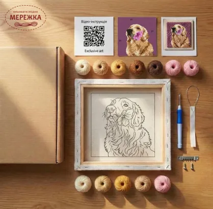 Фото Килимова вишивка Exclusive Art Песик з квіткою, 30х30 см. (квадрат)