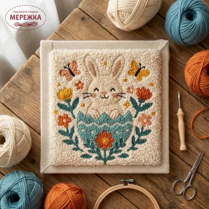Фото Килимова вишивка Exclusive Art Зайчик в писанці, 30х30 см. (квадрат)