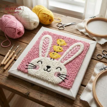 Фото Килимова вишивка Exclusive Art Зайчик з курчатами, 30х30 см. (квадрат)