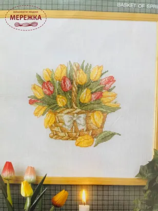 Фото набір для вишивання Permin тюльпани у корзині 12-4470