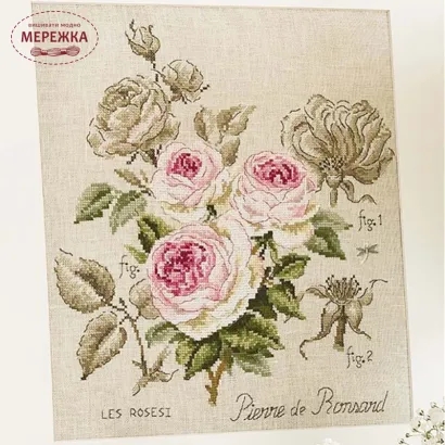 Фото Les Brodeuses Parisiennes Схема Etude a la rose "Pierre de Ronsard"+тканина, пришивний шарм