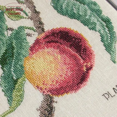 Фото Les Brodeuses Parisiennes Схема Etude aux Peches+тканина, пришивний шарм EPEL/CRE