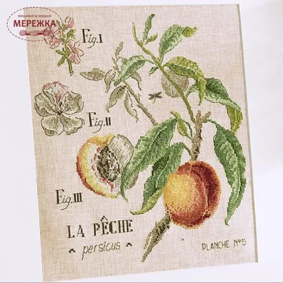 Фото Les Brodeuses Parisiennes Схема Etude aux Peches+тканина, пришивний шарм EPEL/CRE