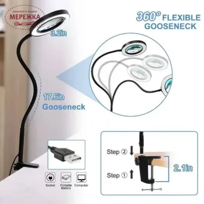 Фото Настільна LED Лампа-лупа FS-059 (5-кратне збільшення), 12 вт LB1655, чорна