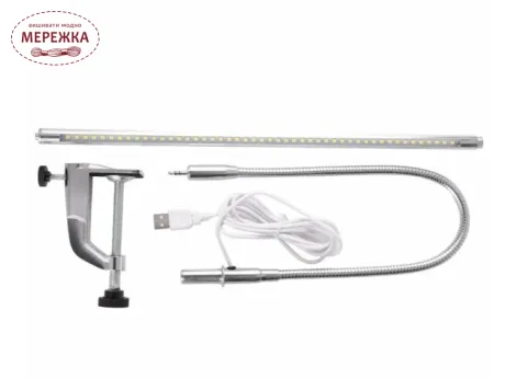 Фото Лампа гнучка на струбцині, USB/LED металева, срібна FS-119