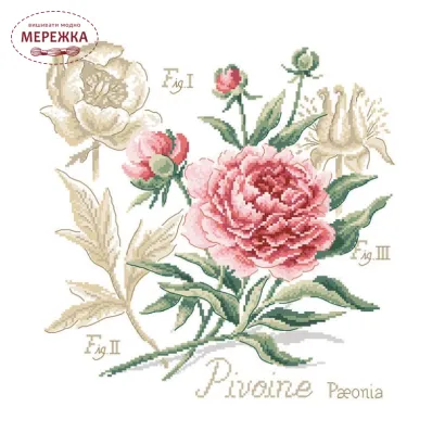 Фото Les Brodeuses Parisiennes Схема Etude a la Pivoine+тканина, пришивний шарм