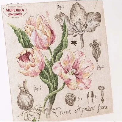 Фото Les Brodeuses Parisiennes Схема Etude a la Tulipe+тканина, пришивний шарм