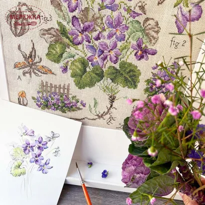 Фото Les Brodeuses Parisiennes Схема Etude a la violette+тканина, пришивний шарм