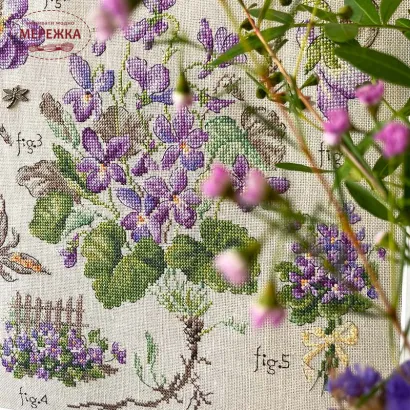 Фото Les Brodeuses Parisiennes Схема Etude a la violette+тканина, пришивний шарм