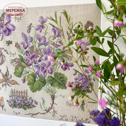 Фото Les Brodeuses Parisiennes Схема Etude a la violette+тканина, пришивний шарм