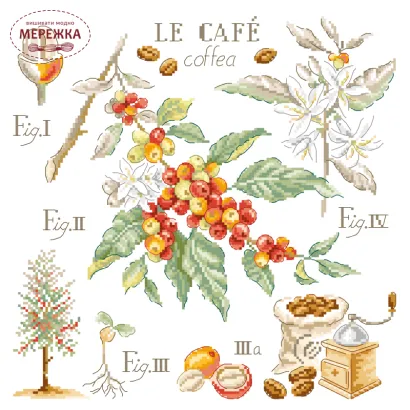 Фото Les Brodeuses Parisiennes Схема Etude au "Cafe" +тканина, пришивний шарм AECALL/CRE