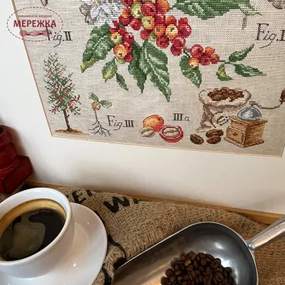 Фото Les Brodeuses Parisiennes Схема Etude au "Cafe" +тканина, пришивний шарм AECALL/CRE