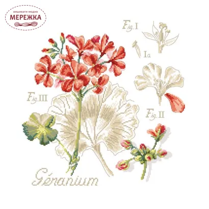 Фото Les Brodeuses Parisiennes Схема Etude au Geranium+тканина, пришивний шарм EGEL/CRE