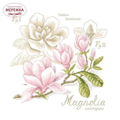 Фото Les Brodeuses Parisiennes Схема Etude au Magnolia +тканина, пришивний шарм