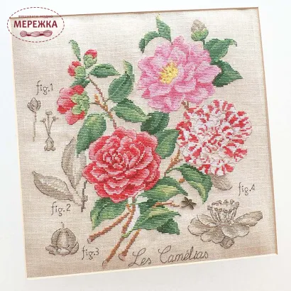 Фото Les Brodeuses Parisiennes Схема Etude aux Camelias+тканина, пришивний шарм