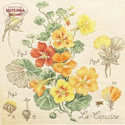 Фото Les Brodeuses Parisiennes Схема Etude aux Capucines+тканина, пришивний шарм