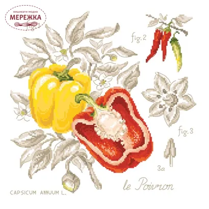 Фото Les Brodeuses Parisiennes Схема Etude aux Poivrons+тканина, пришивний шарм EPOIL/CRE