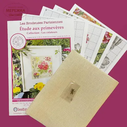 Фото Les Brodeuses Parisiennes Схема Etude aux Primeveres+тканина, пришивний шарм ETPRIL/CRE