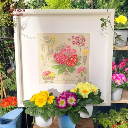 Фото Les Brodeuses Parisiennes Схема Etude aux Primeveres+тканина, пришивний шарм ETPRIL/CRE