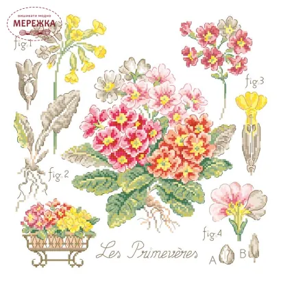 Фото Les Brodeuses Parisiennes Схема Etude aux Primeveres+тканина, пришивний шарм ETPRIL/CRE