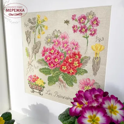 Фото Les Brodeuses Parisiennes Схема Etude aux Primeveres+тканина, пришивний шарм ETPRIL/CRE