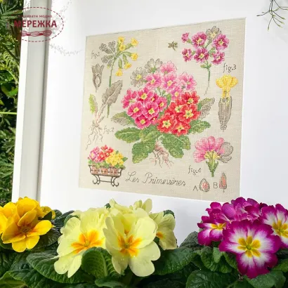 Фото Les Brodeuses Parisiennes Схема Etude aux Primeveres+тканина, пришивний шарм ETPRIL/CRE