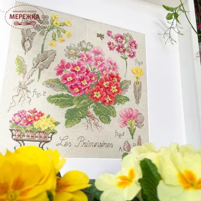 Фото Les Brodeuses Parisiennes Схема Etude aux Primeveres+тканина, пришивний шарм ETPRIL/CRE