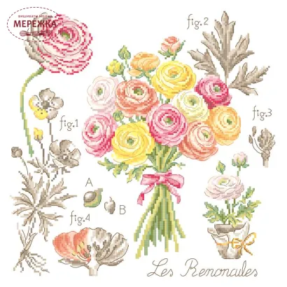 Фото Les Brodeuses Parisiennes Схема Etude aux renoncules+тканина, пришивний шарм
