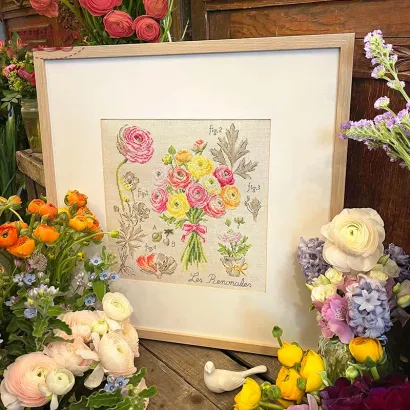 Фото Les Brodeuses Parisiennes Схема Etude aux renoncules+тканина, пришивний шарм