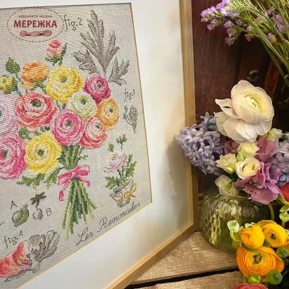 Фото Les Brodeuses Parisiennes Схема Etude aux renoncules+тканина, пришивний шарм