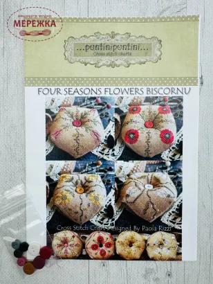 Фото Puntinipuntini Схема Four Seasons Flowers Biscornu + та декоративні гудзики